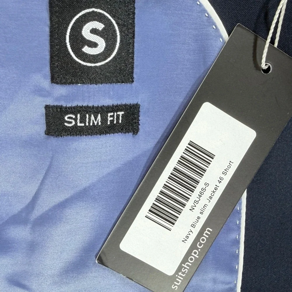 SuitShop Blazer 46S Navy Blue Slim Fit Stretch Two-Button Suit Jacket READ